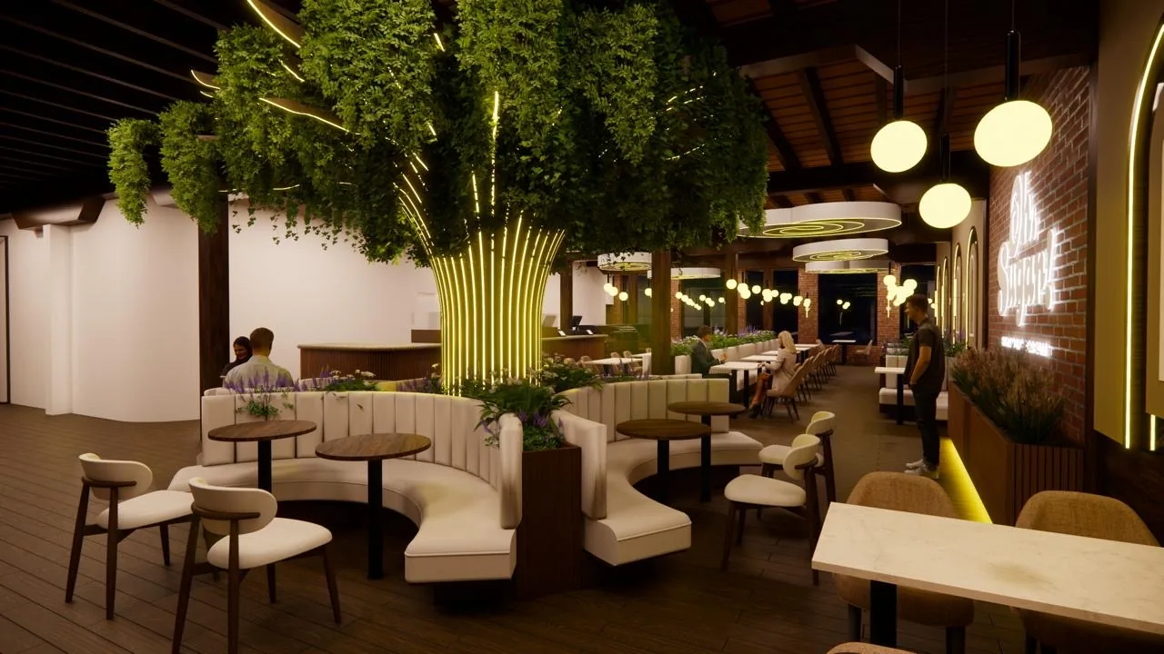 Proposed Oh, Sugar! Martinsville restaurant interior with warm lighting and greenery