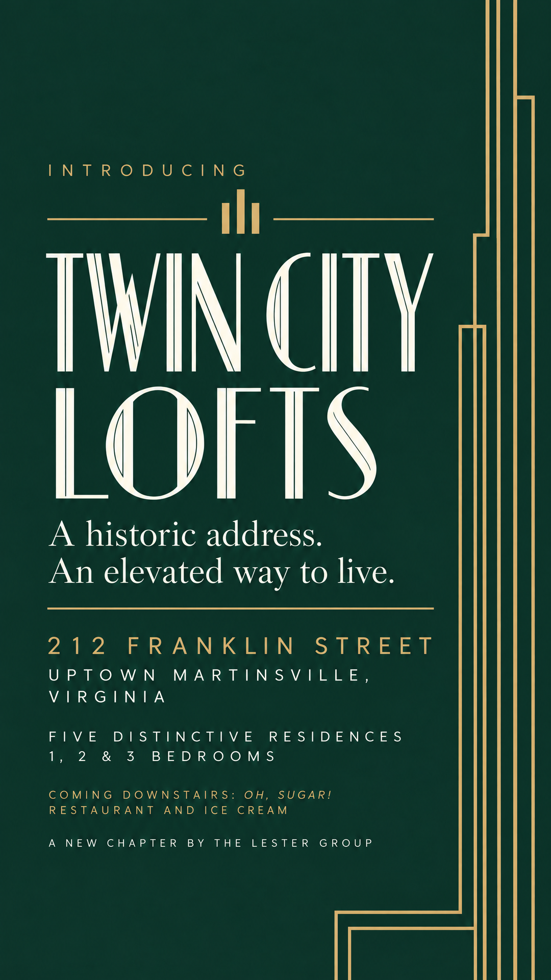Twin City Lofts brand announcement with sleek brass architectural lines, the Franklin Street address, and a supporting Oh, Sugar! mention