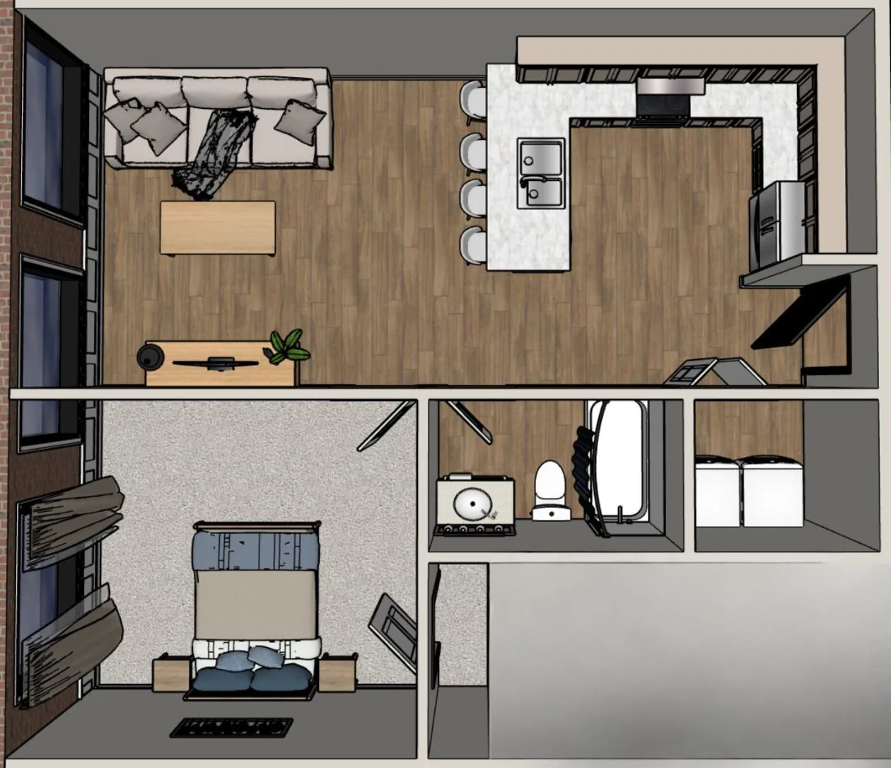 1-bedroom conceptual floor plan